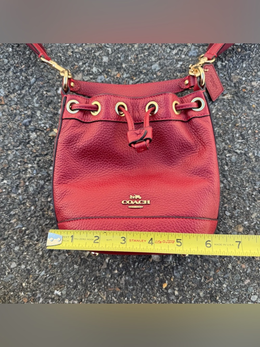Coach Mini Dempsey Drawstring Leather Crossbody Shoulder Bucket Bag Cherry Red - Picture 10 of 12